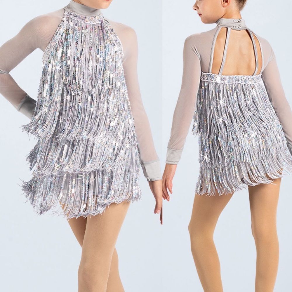 Weissman dance costume silver fringe long sleeve Bad Boy Good Man 13016 SA adult